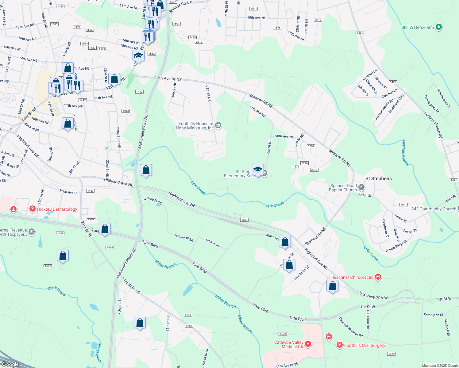 map of restaurants, bars, coffee shops, grocery stores, and more near 510 27th Street Drive Northeast in Hickory