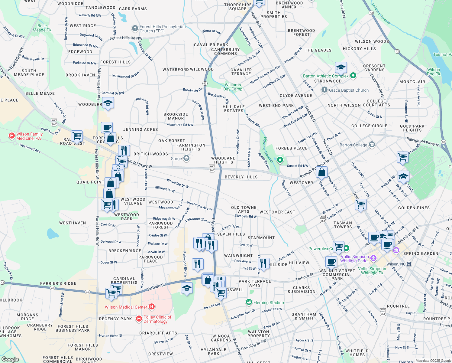 map of restaurants, bars, coffee shops, grocery stores, and more near 809 Trinity Drive West in Wilson