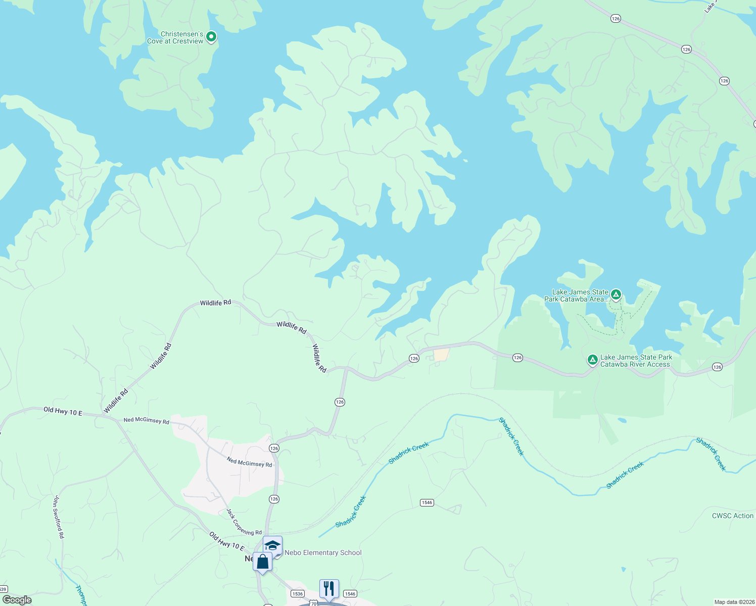 map of restaurants, bars, coffee shops, grocery stores, and more near 79 Lake Mist Court in Nebo
