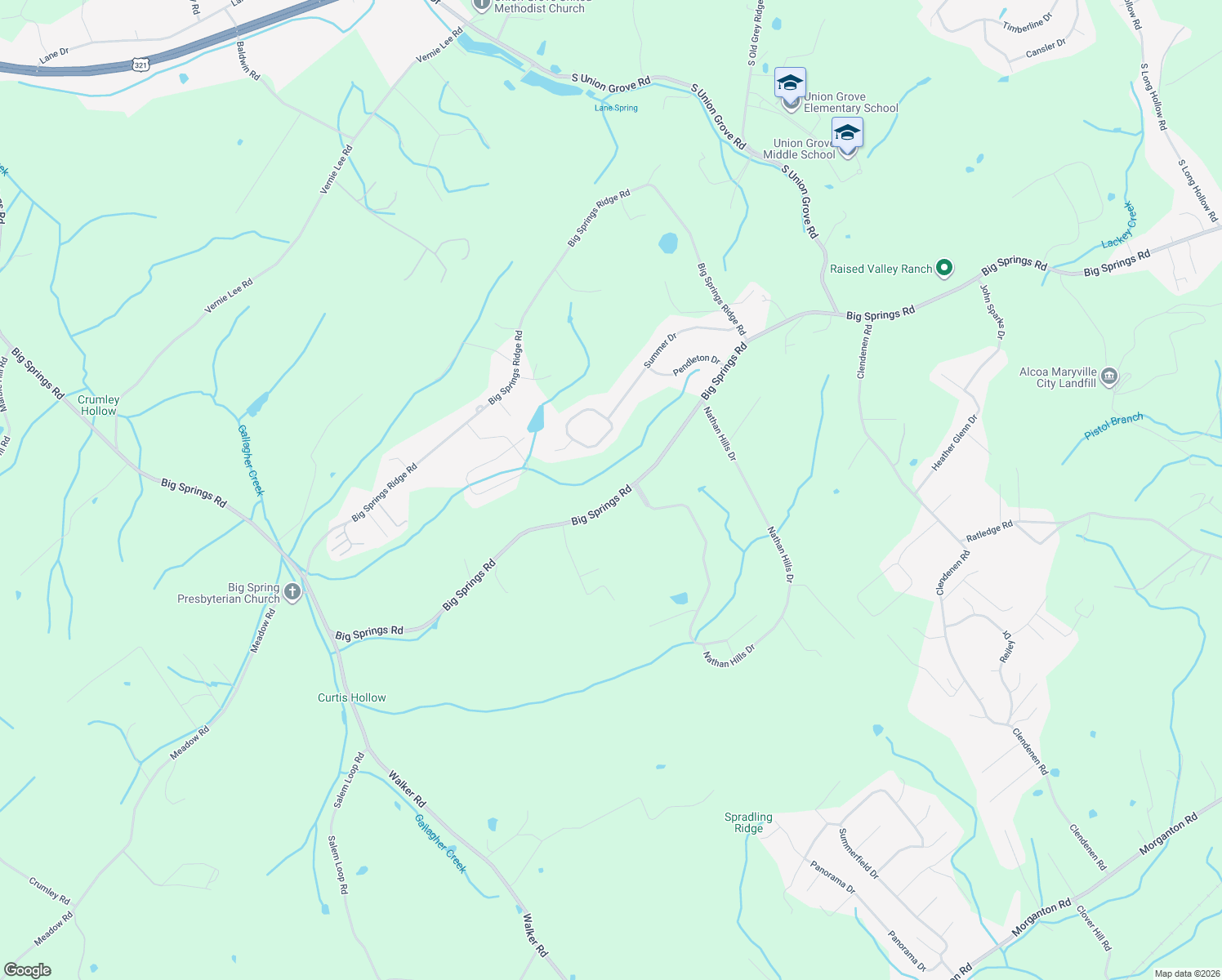 map of restaurants, bars, coffee shops, grocery stores, and more near 3614 Big Springs Road in Maryville