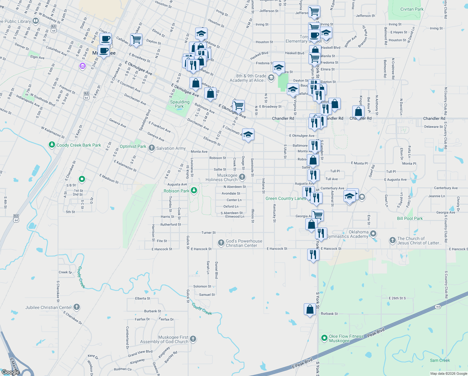 map of restaurants, bars, coffee shops, grocery stores, and more near 1627 North Aberdeen Street in Muskogee