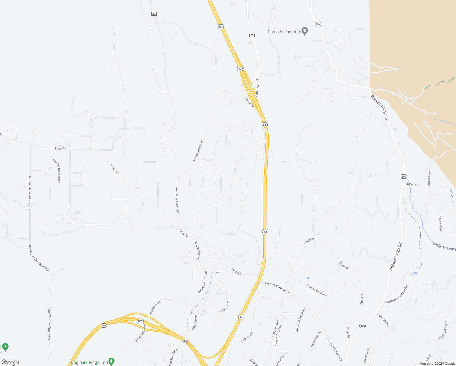map of restaurants, bars, coffee shops, grocery stores, and more near 6 South Camino Don Carlos in Santa Fe