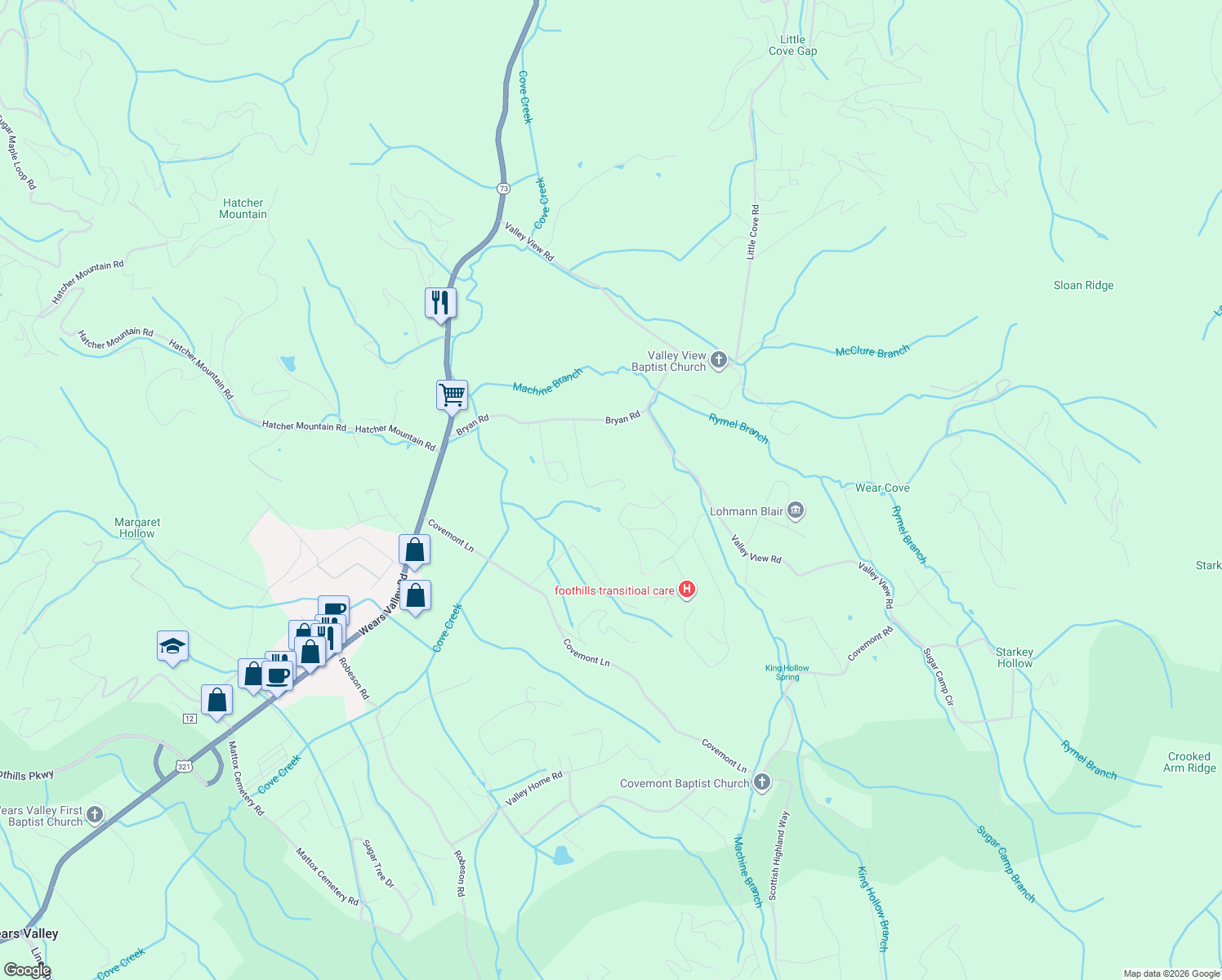 map of restaurants, bars, coffee shops, grocery stores, and more near 2948 Will Bryan Way in Sevierville