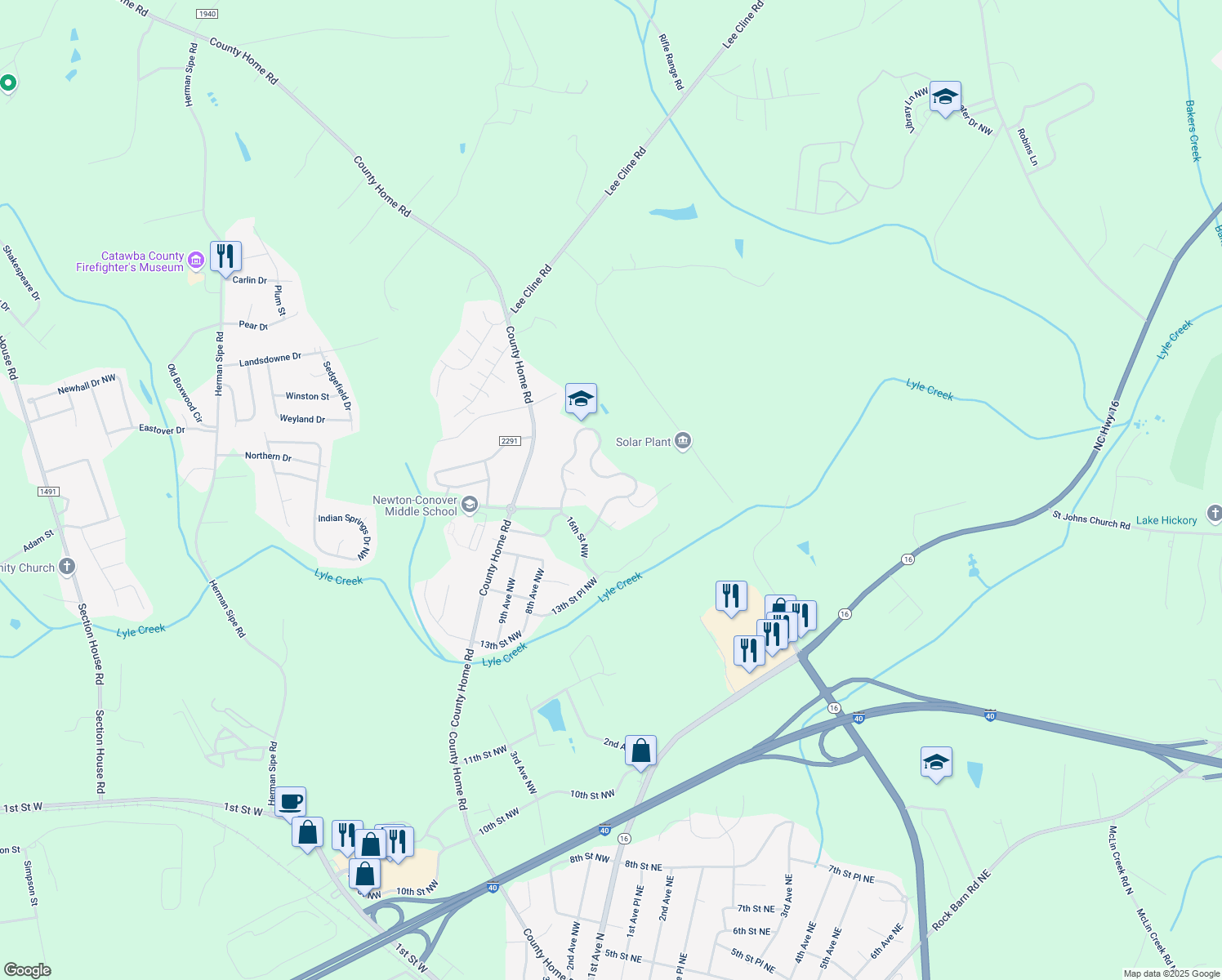 map of restaurants, bars, coffee shops, grocery stores, and more near 1713 Piper's Ridge Circle Northwest in Conover