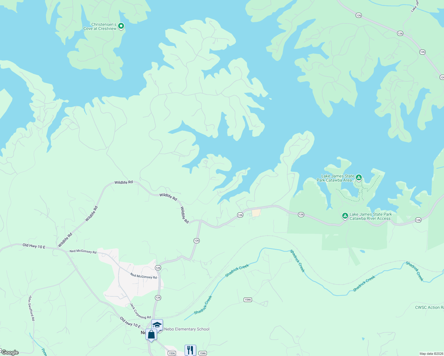 map of restaurants, bars, coffee shops, grocery stores, and more near 79 Lake Mist Court in Nebo