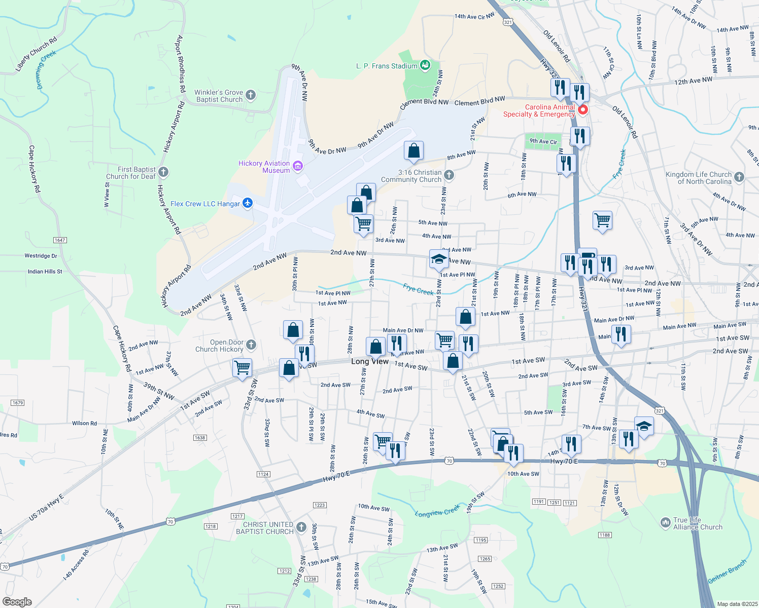 map of restaurants, bars, coffee shops, grocery stores, and more near 2623 1st Ave NW in Hickory