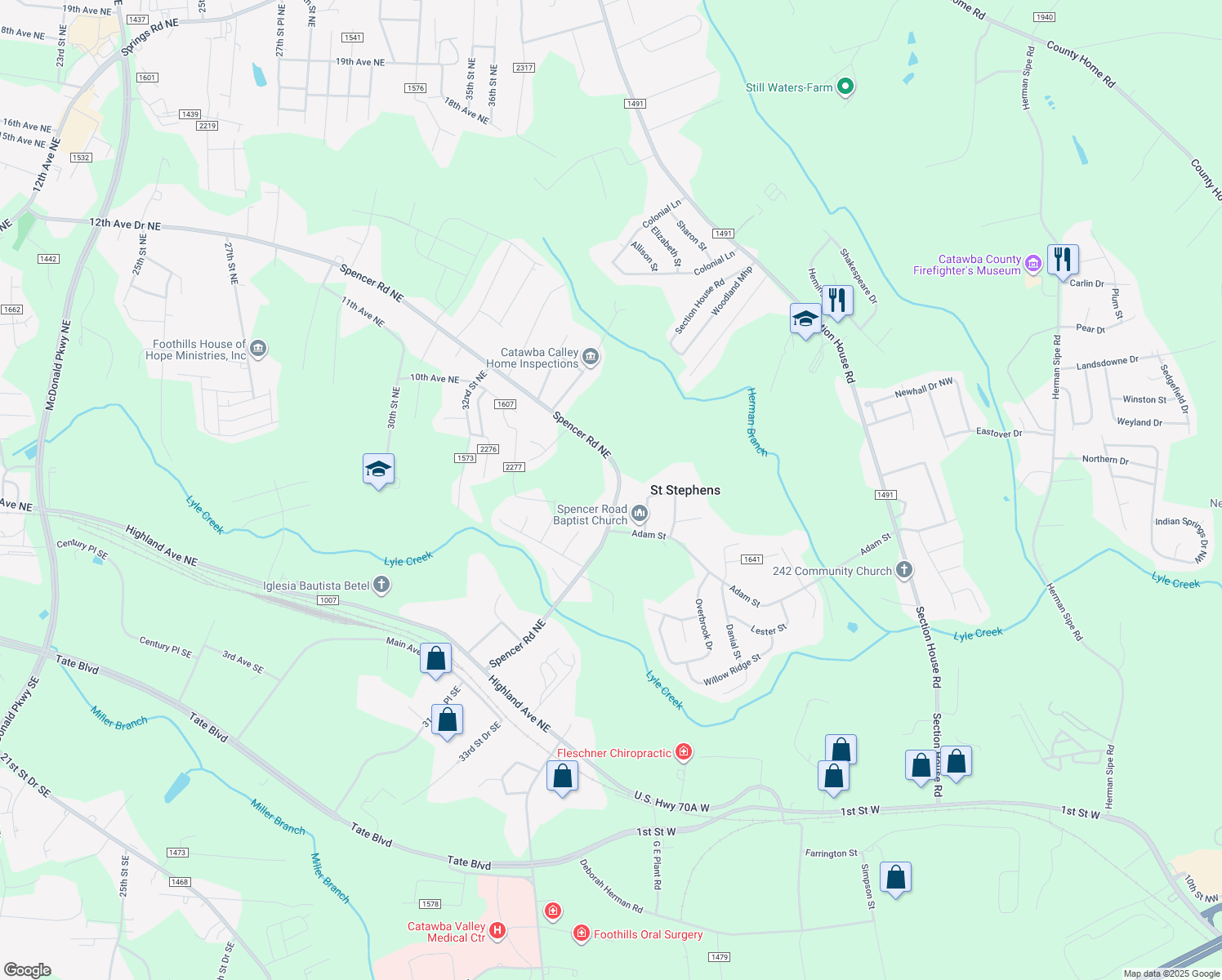 map of restaurants, bars, coffee shops, grocery stores, and more near 821 Spencer Road Northeast in Conover