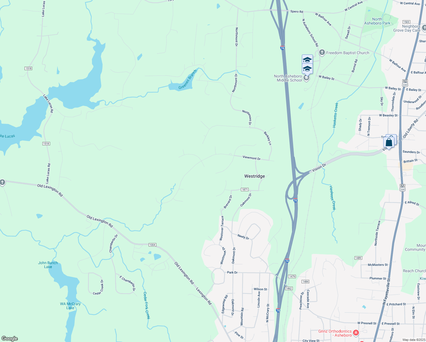map of restaurants, bars, coffee shops, grocery stores, and more near 1785 Monarch Lane in Asheboro