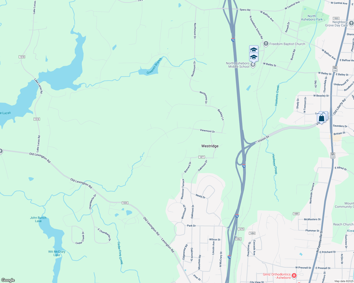 map of restaurants, bars, coffee shops, grocery stores, and more near 1785 Monarch Lane in Asheboro