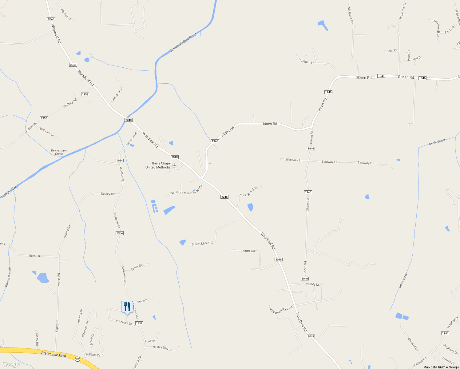 map of restaurants, bars, coffee shops, grocery stores, and more near 5020 Woodleaf Road in Salisbury