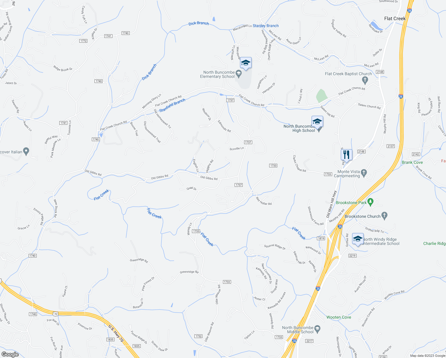 map of restaurants, bars, coffee shops, grocery stores, and more near 259 Old Gibbs Road in Weaverville