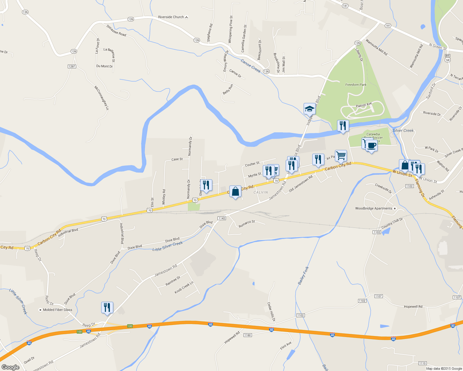 map of restaurants, bars, coffee shops, grocery stores, and more near 612 Carbon City Rd in Morganton
