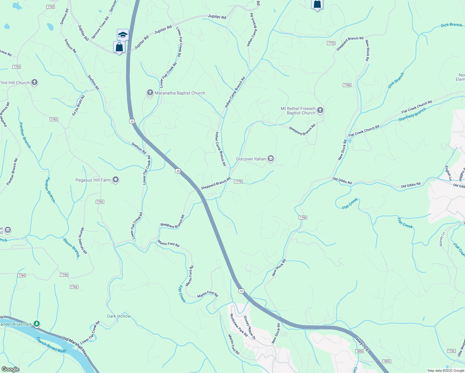 map of restaurants, bars, coffee shops, grocery stores, and more near 99999 Deerborne Lane in Weaverville