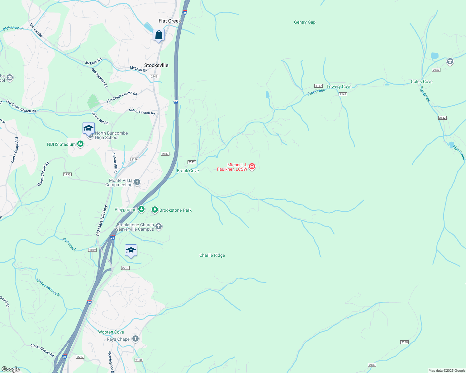 map of restaurants, bars, coffee shops, grocery stores, and more near 100 Brank Cove Road in Weaverville