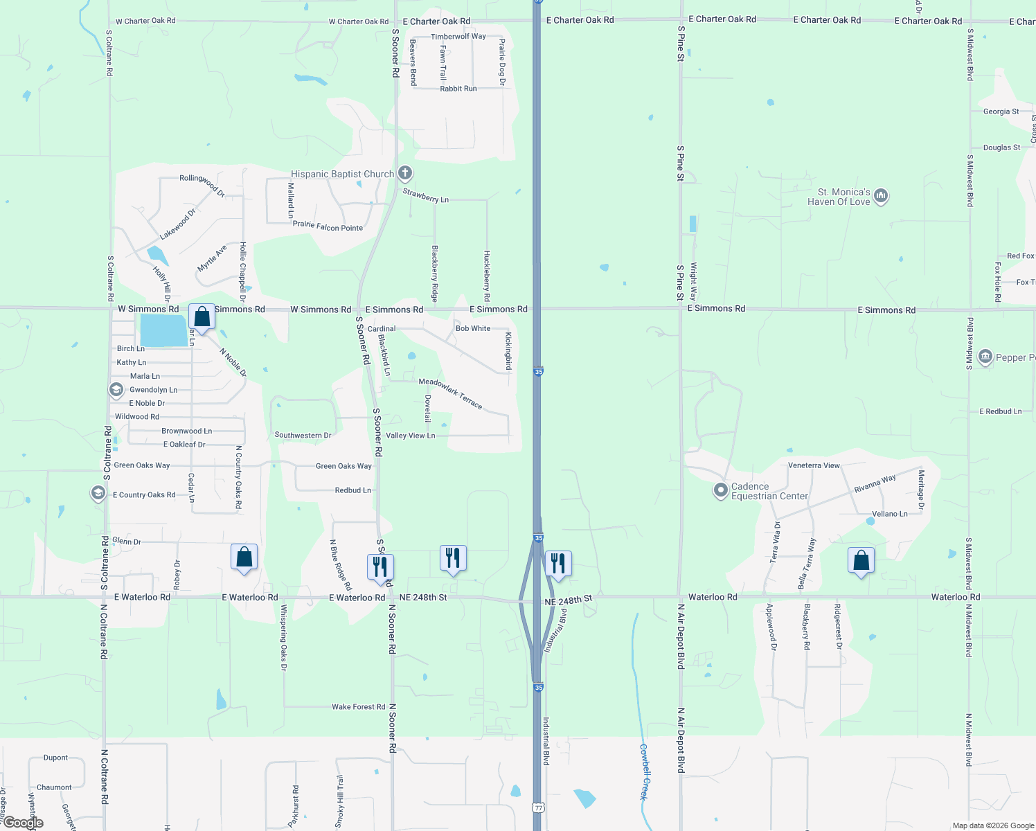 map of restaurants, bars, coffee shops, grocery stores, and more near 7774 Kickingbird in Edmond