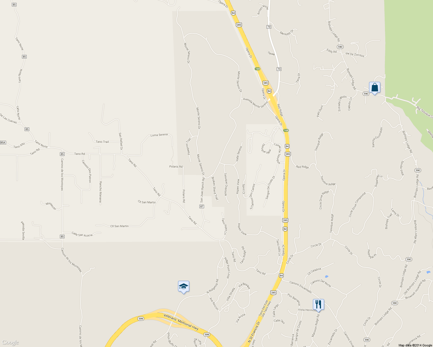 map of restaurants, bars, coffee shops, grocery stores, and more near 3005 Monte Sereno Drive in Santa Fe