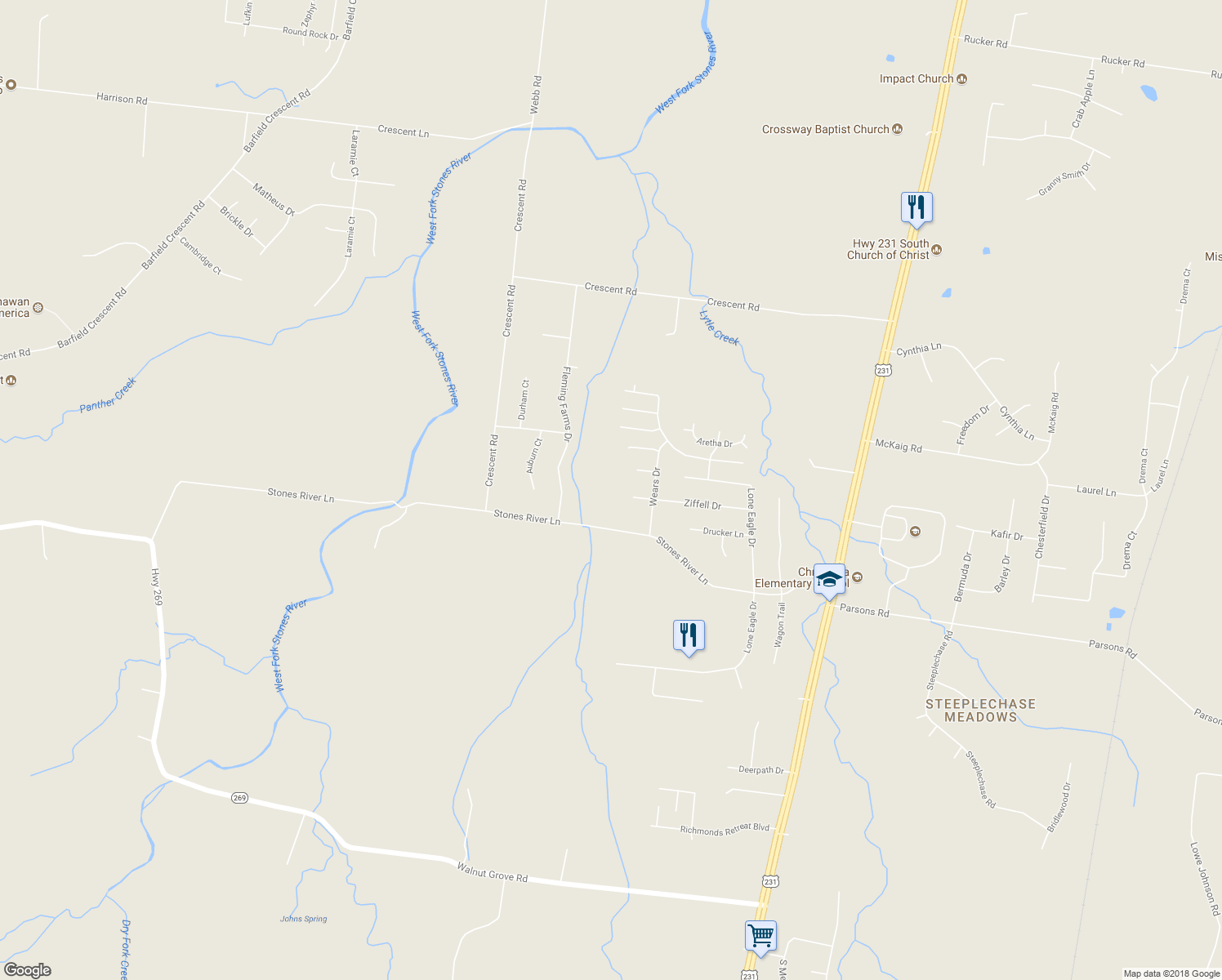 map of restaurants, bars, coffee shops, grocery stores, and more near 368 Stones River Lane in Murfreesboro