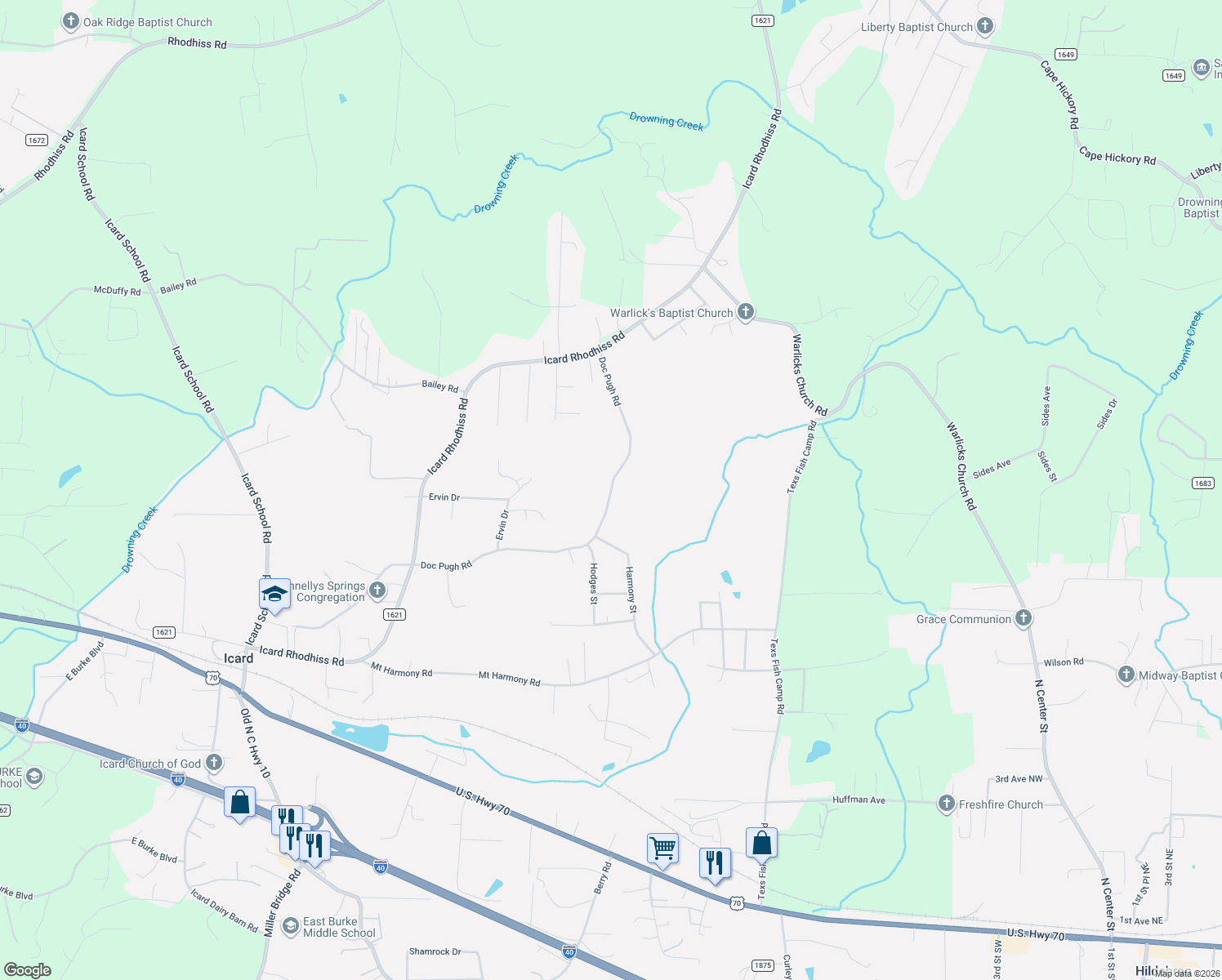map of restaurants, bars, coffee shops, grocery stores, and more near 2902 Doc Pugh Rd in Connelly Springs