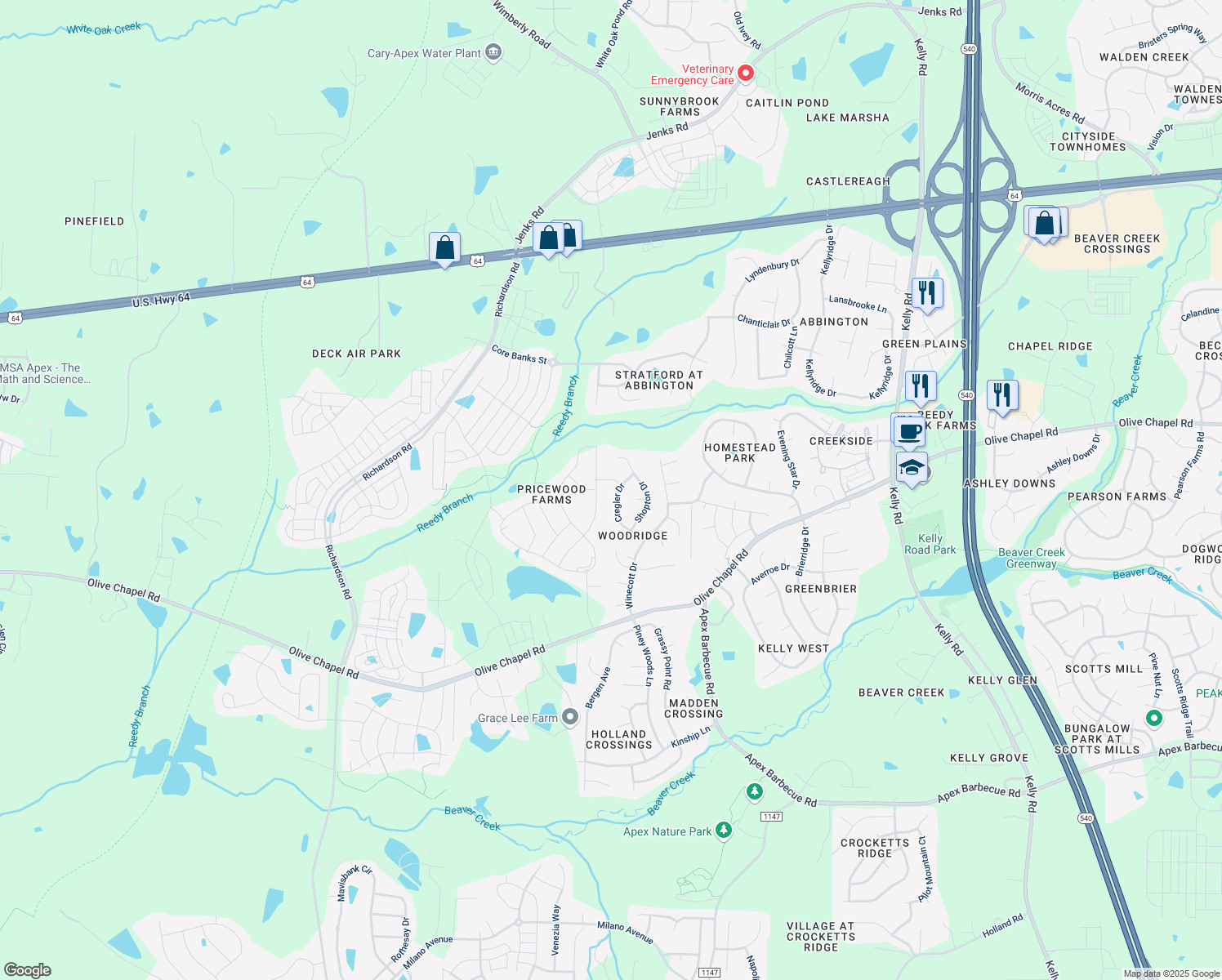 map of restaurants, bars, coffee shops, grocery stores, and more near 3119 Cregler Drive in Apex