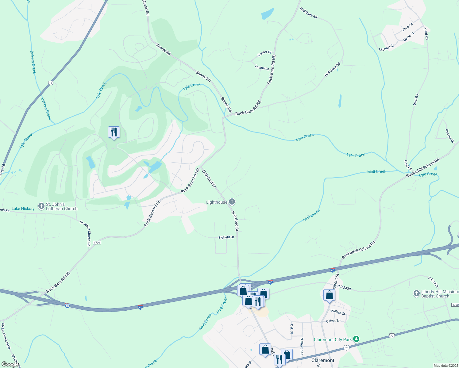 map of restaurants, bars, coffee shops, grocery stores, and more near 2935 Denwood Drive in Claremont