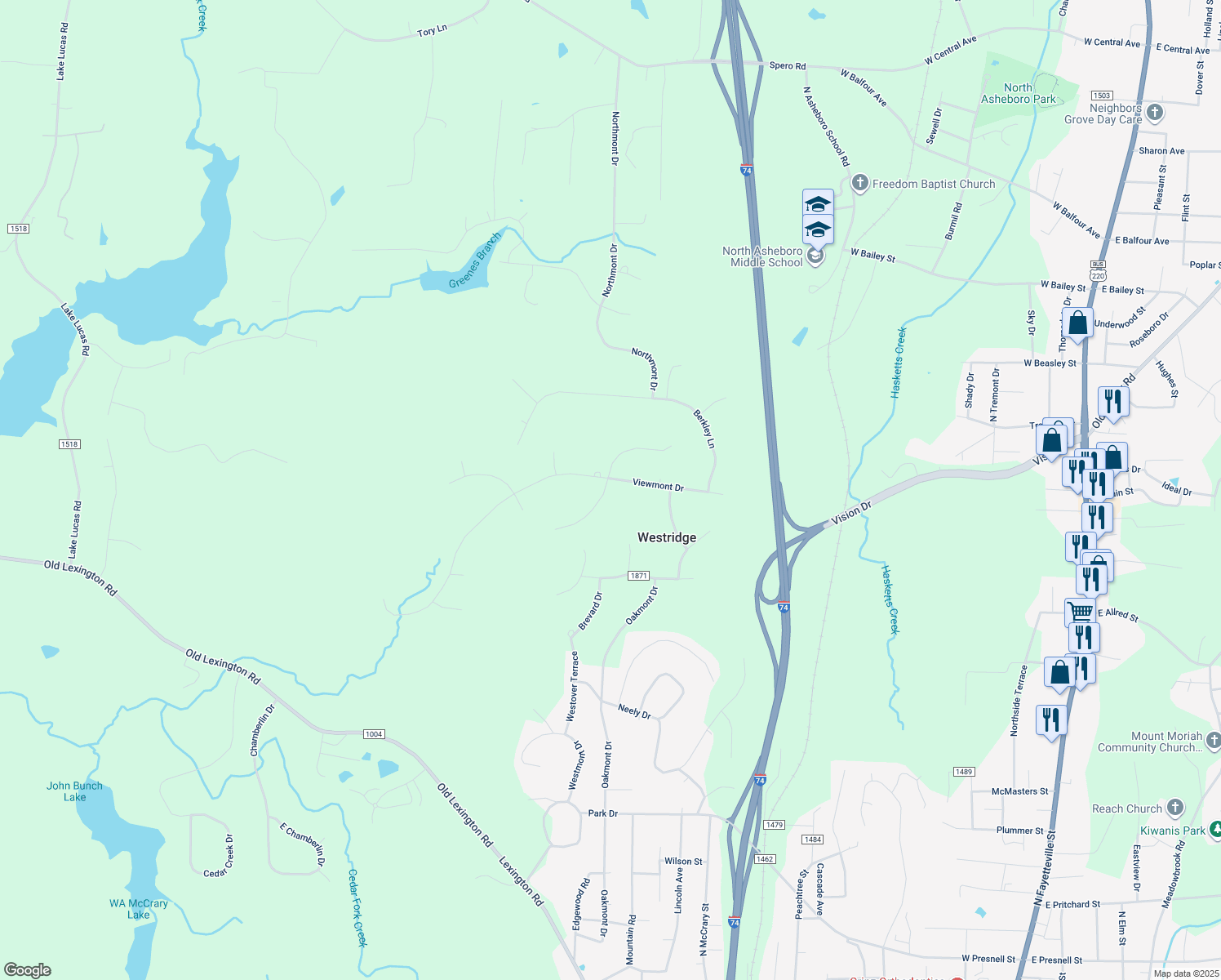 map of restaurants, bars, coffee shops, grocery stores, and more near 853 Viewmont Drive in Asheboro