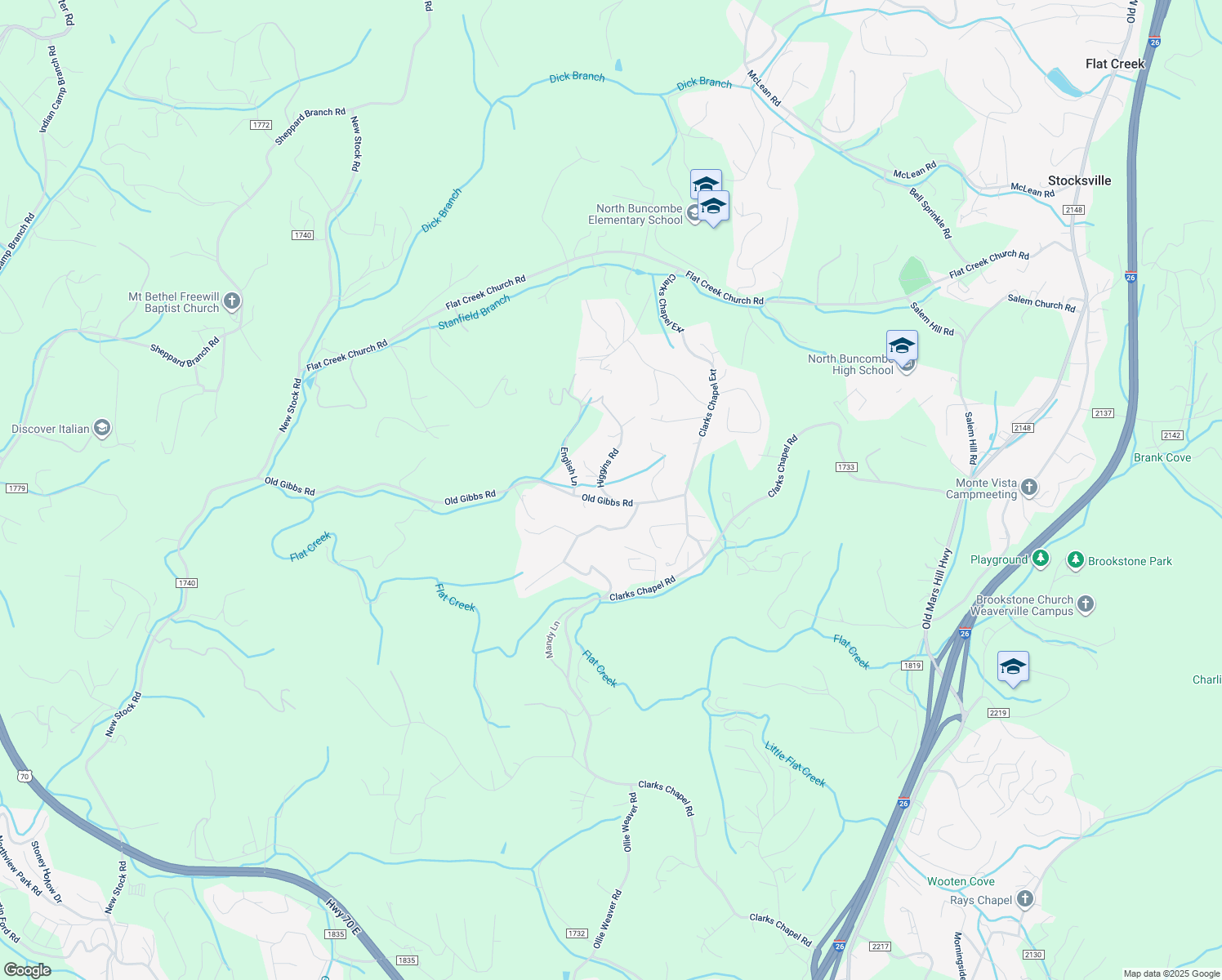 map of restaurants, bars, coffee shops, grocery stores, and more near 3 Higgins Road in Weaverville