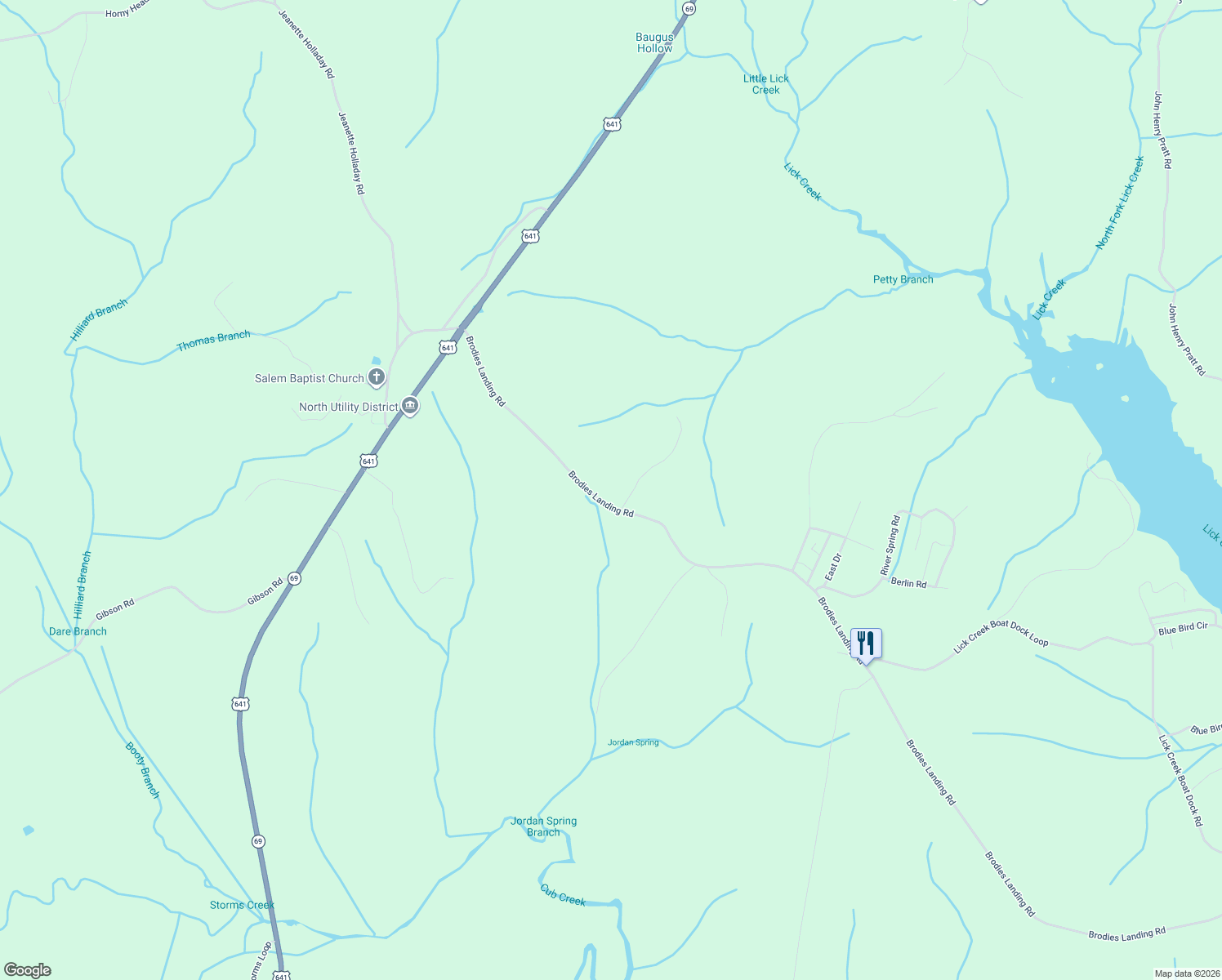 map of restaurants, bars, coffee shops, grocery stores, and more near 655 Brodies Landing Rd in Parsons