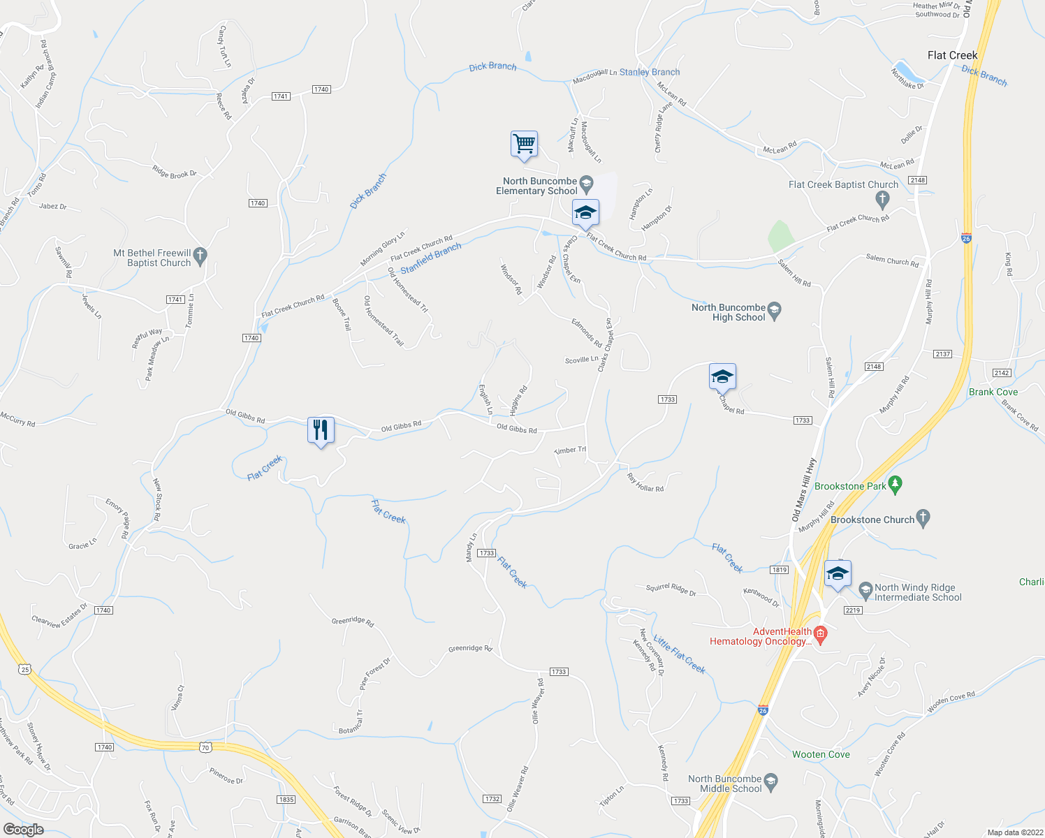 map of restaurants, bars, coffee shops, grocery stores, and more near 3 Higgins Road in Weaverville