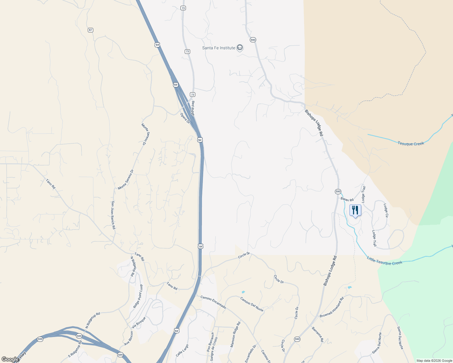 map of restaurants, bars, coffee shops, grocery stores, and more near 71 Tesuque Ridge in Santa Fe