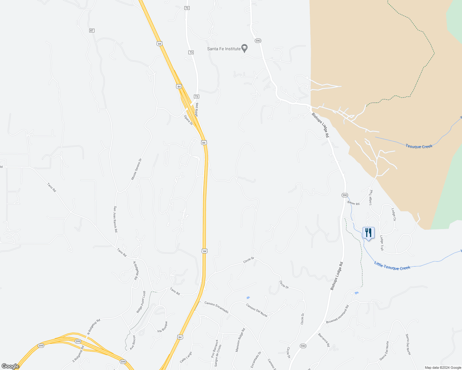 map of restaurants, bars, coffee shops, grocery stores, and more near 71 Tesuque Ridge in Santa Fe