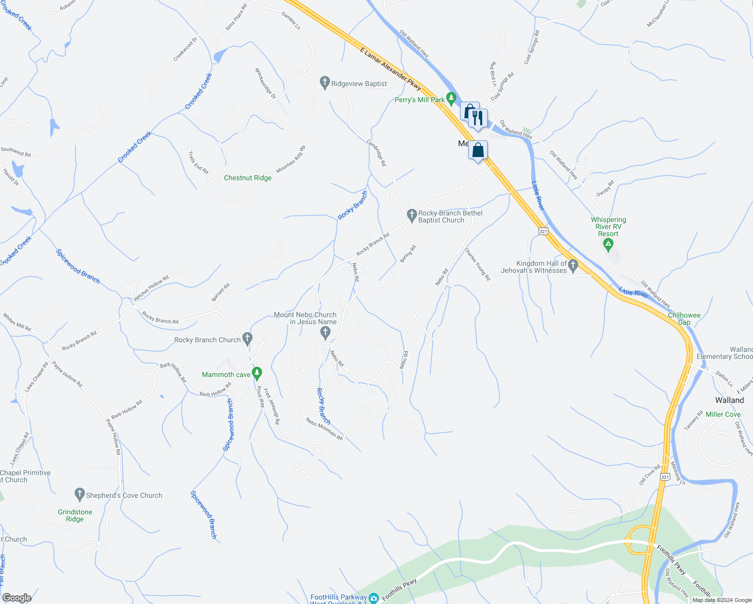 map of restaurants, bars, coffee shops, grocery stores, and more near 4427 Nebo Road in Walland