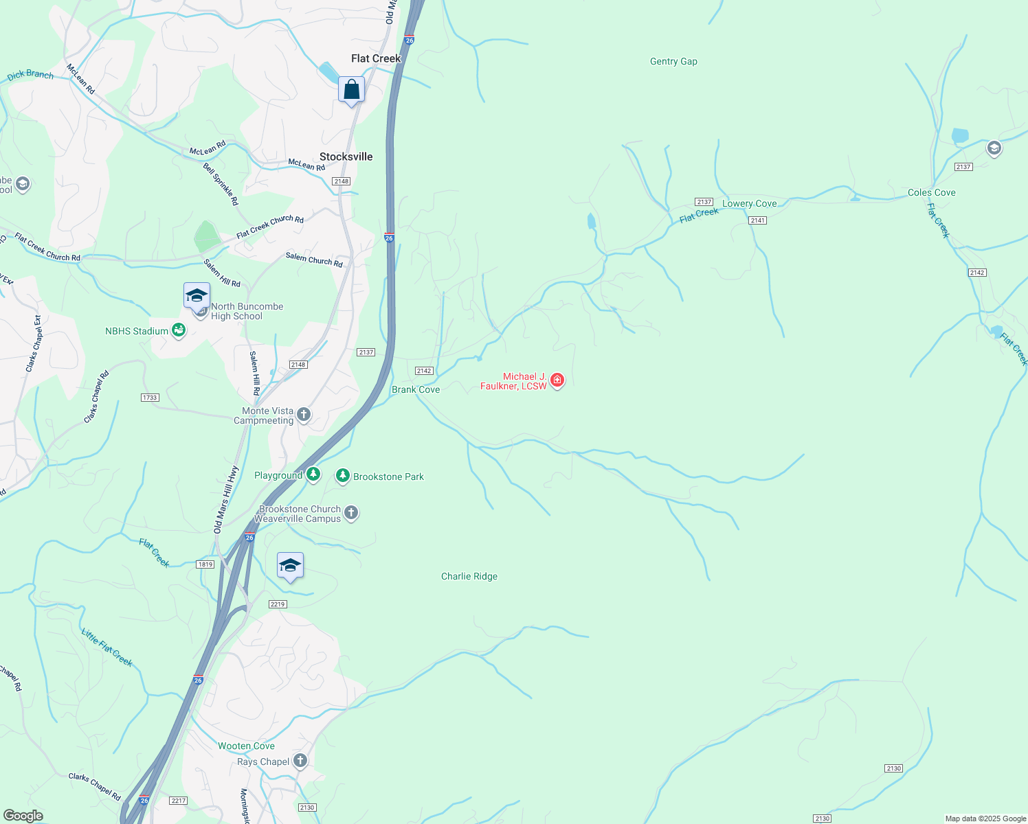map of restaurants, bars, coffee shops, grocery stores, and more near 100 Brank Cove Road in Weaverville
