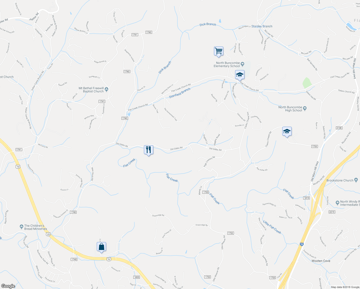 map of restaurants, bars, coffee shops, grocery stores, and more near 150 Old Gibbs Road in Weaverville