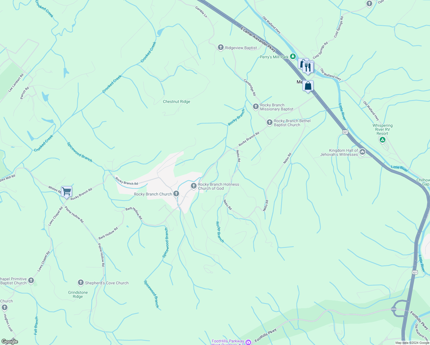 map of restaurants, bars, coffee shops, grocery stores, and more near 134 Jolly Lane in Walland