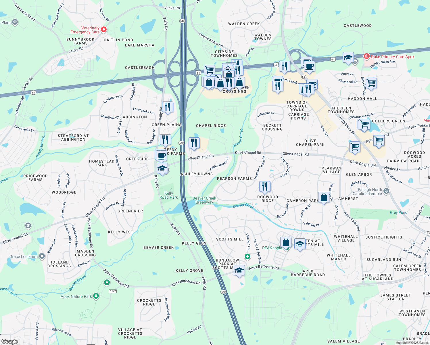 map of restaurants, bars, coffee shops, grocery stores, and more near 1008 Country Glen Court in Apex