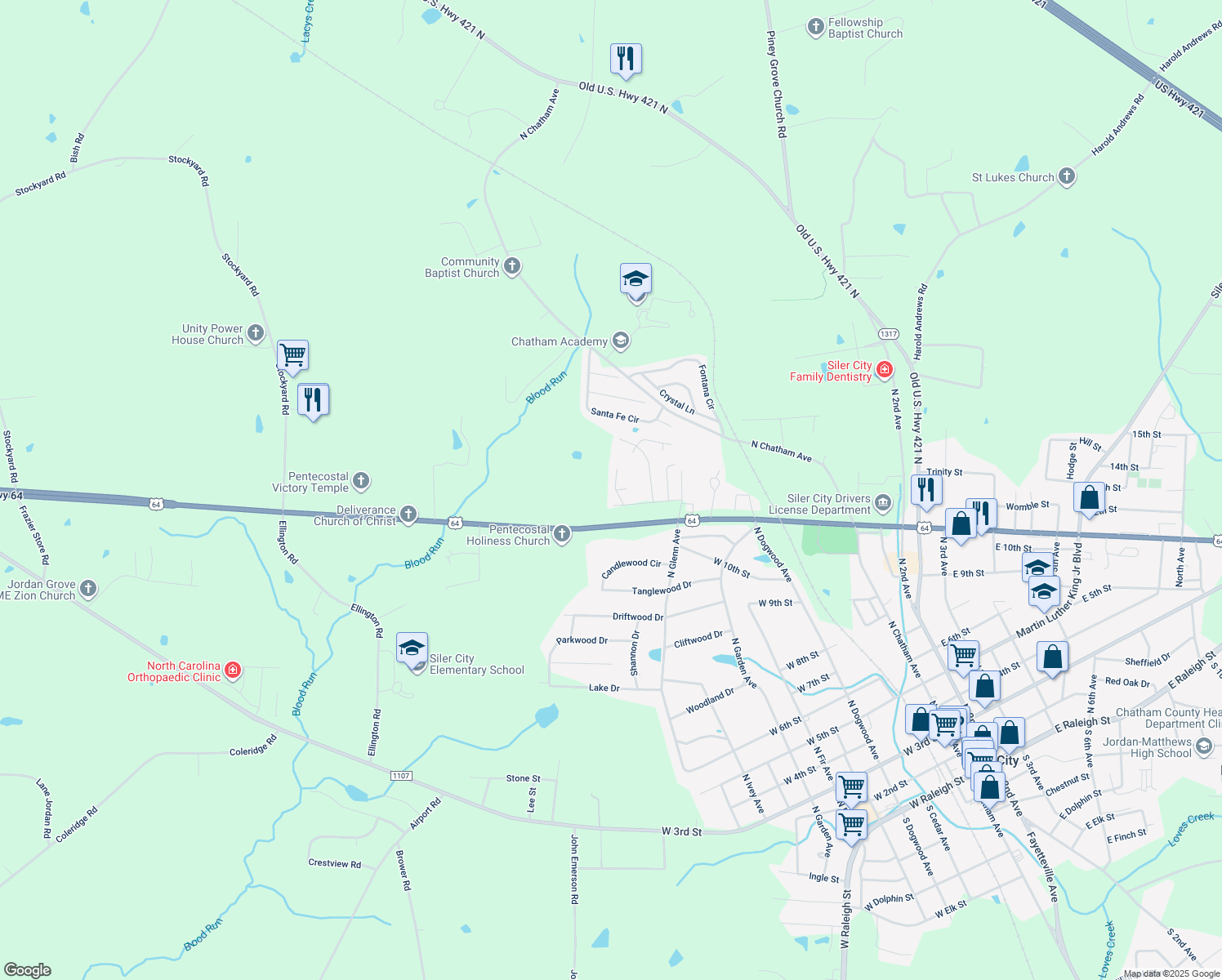 map of restaurants, bars, coffee shops, grocery stores, and more near 1707 Singing Sound Way Drive in Siler City