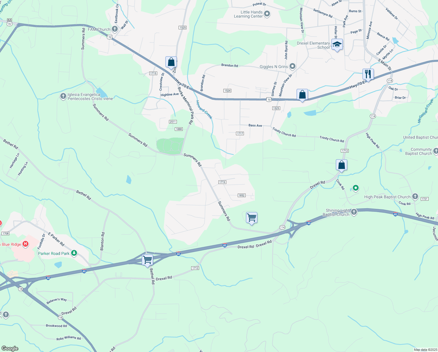 map of restaurants, bars, coffee shops, grocery stores, and more near Windy Hill Drive & Franklin Lane in Valdese