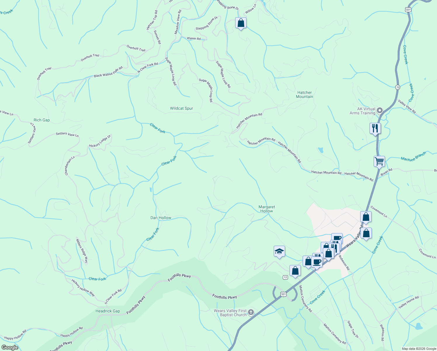 map of restaurants, bars, coffee shops, grocery stores, and more near 2979 Little Cub Way in Sevierville