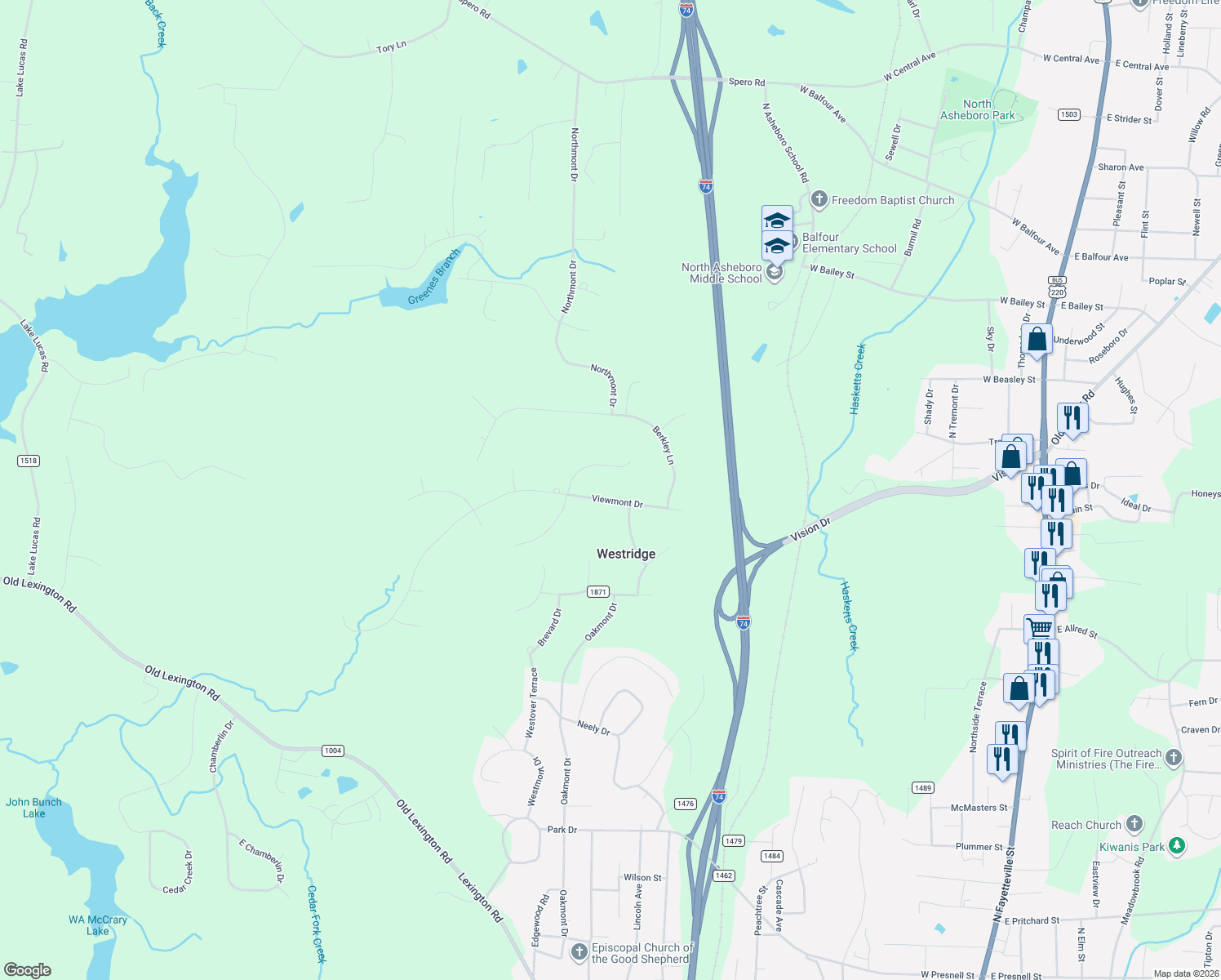 map of restaurants, bars, coffee shops, grocery stores, and more near 1848 Laura Court in Asheboro