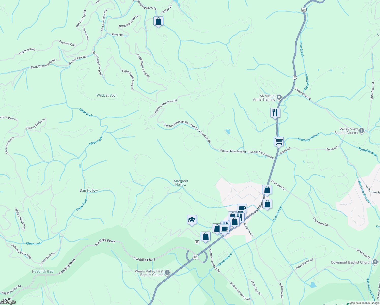 map of restaurants, bars, coffee shops, grocery stores, and more near 1870 Natures Lane in Sevierville