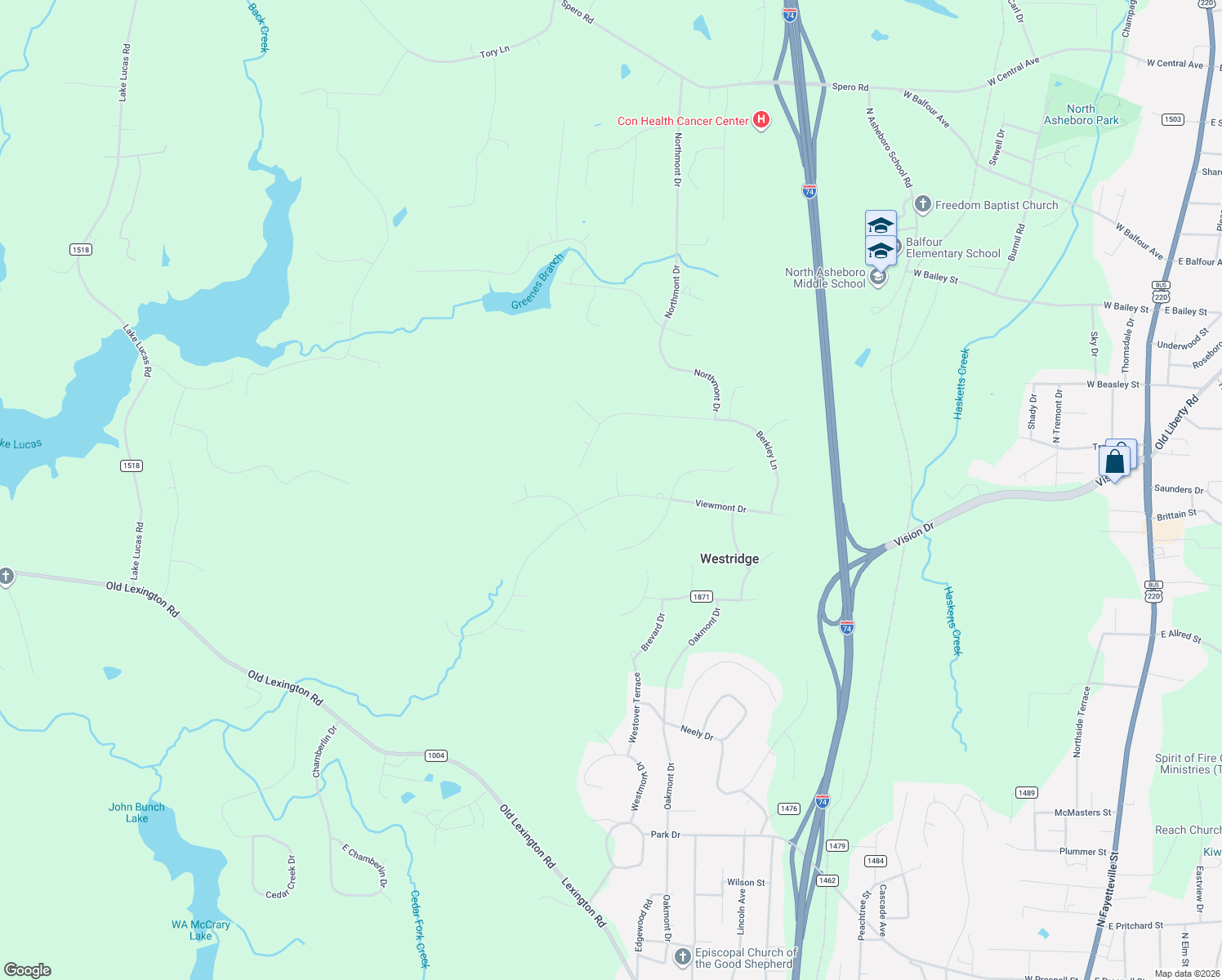 map of restaurants, bars, coffee shops, grocery stores, and more near 1732 Viewmont Court in Asheboro