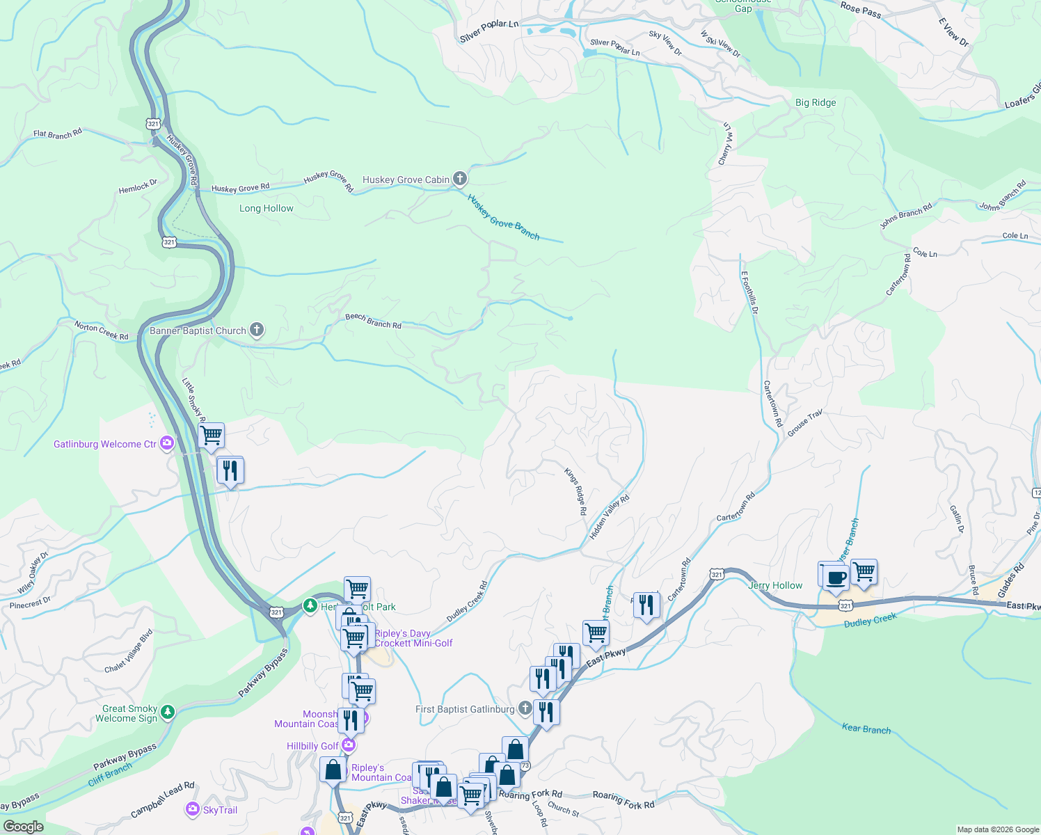 map of restaurants, bars, coffee shops, grocery stores, and more near 801 Kings Way in Gatlinburg