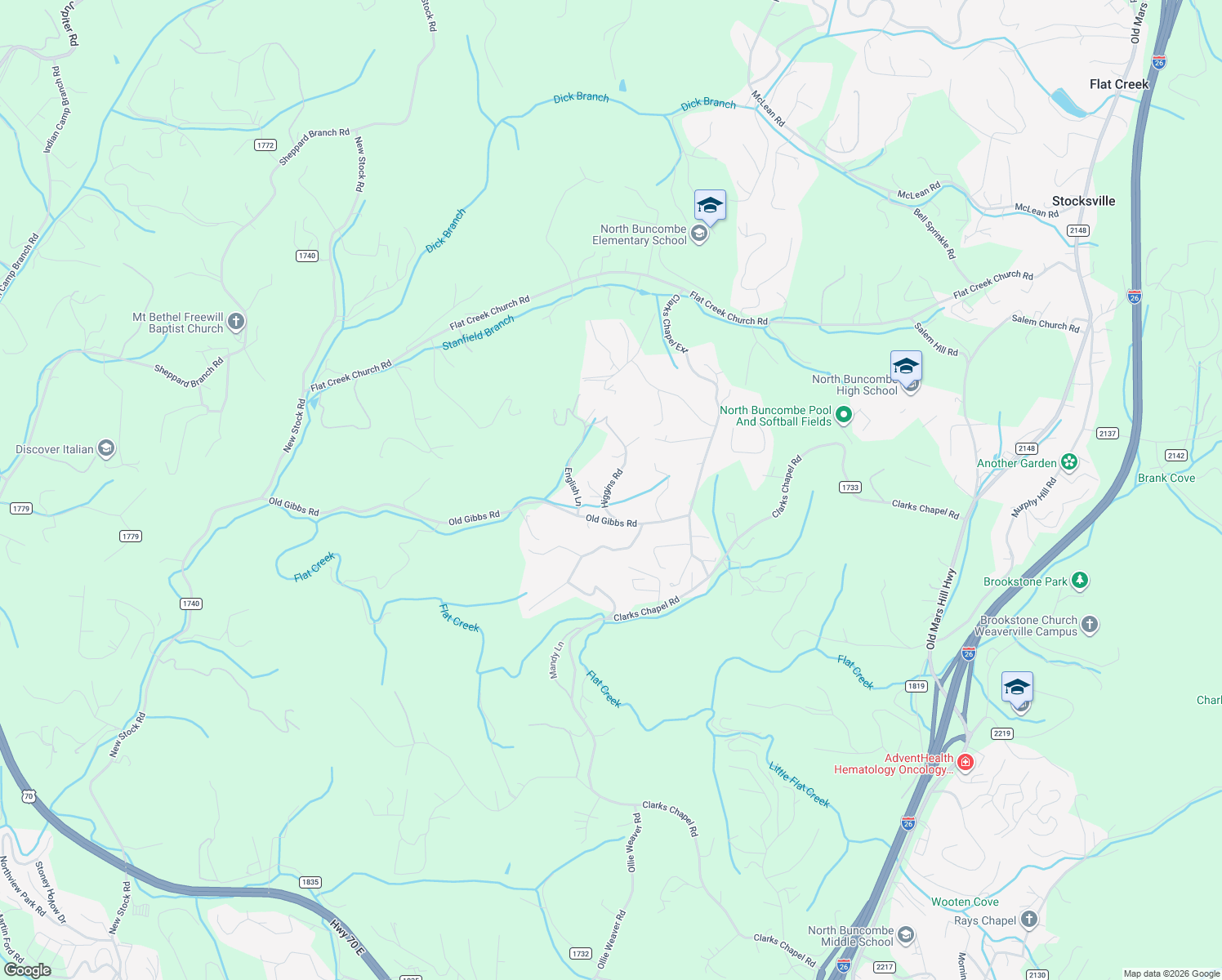 map of restaurants, bars, coffee shops, grocery stores, and more near 22 Higgins Road in Weaverville