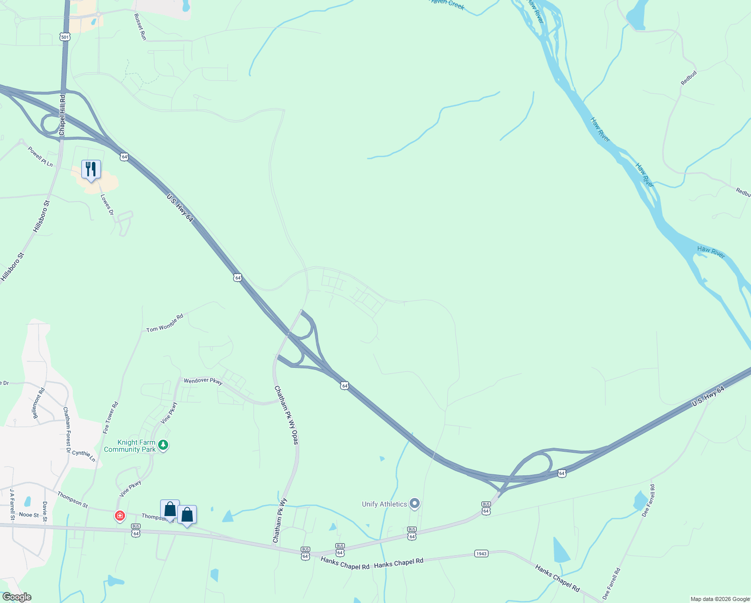 map of restaurants, bars, coffee shops, grocery stores, and more near 246 Prince Creek in Pittsboro