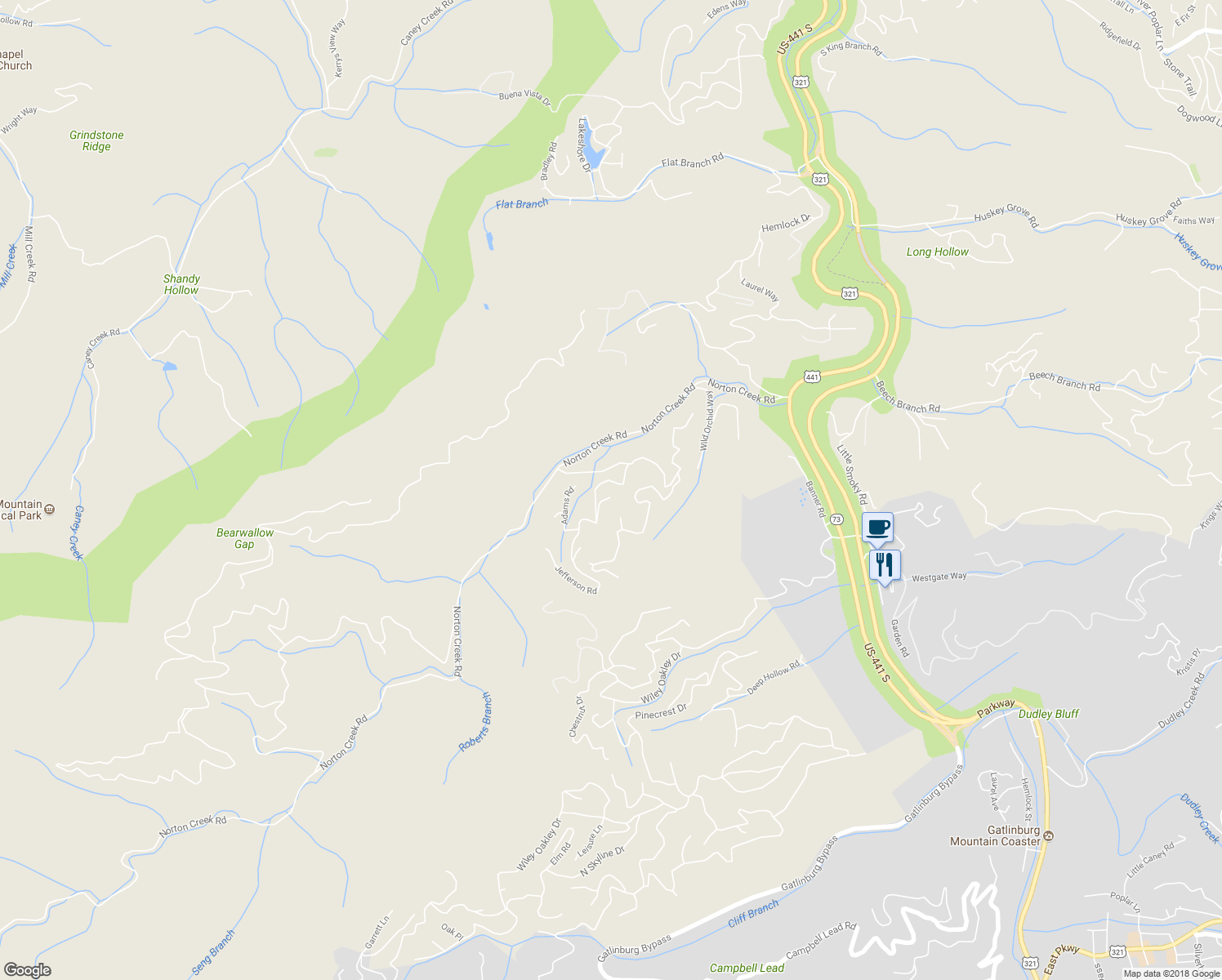 map of restaurants, bars, coffee shops, grocery stores, and more near 433 Jefferson Road in Gatlinburg