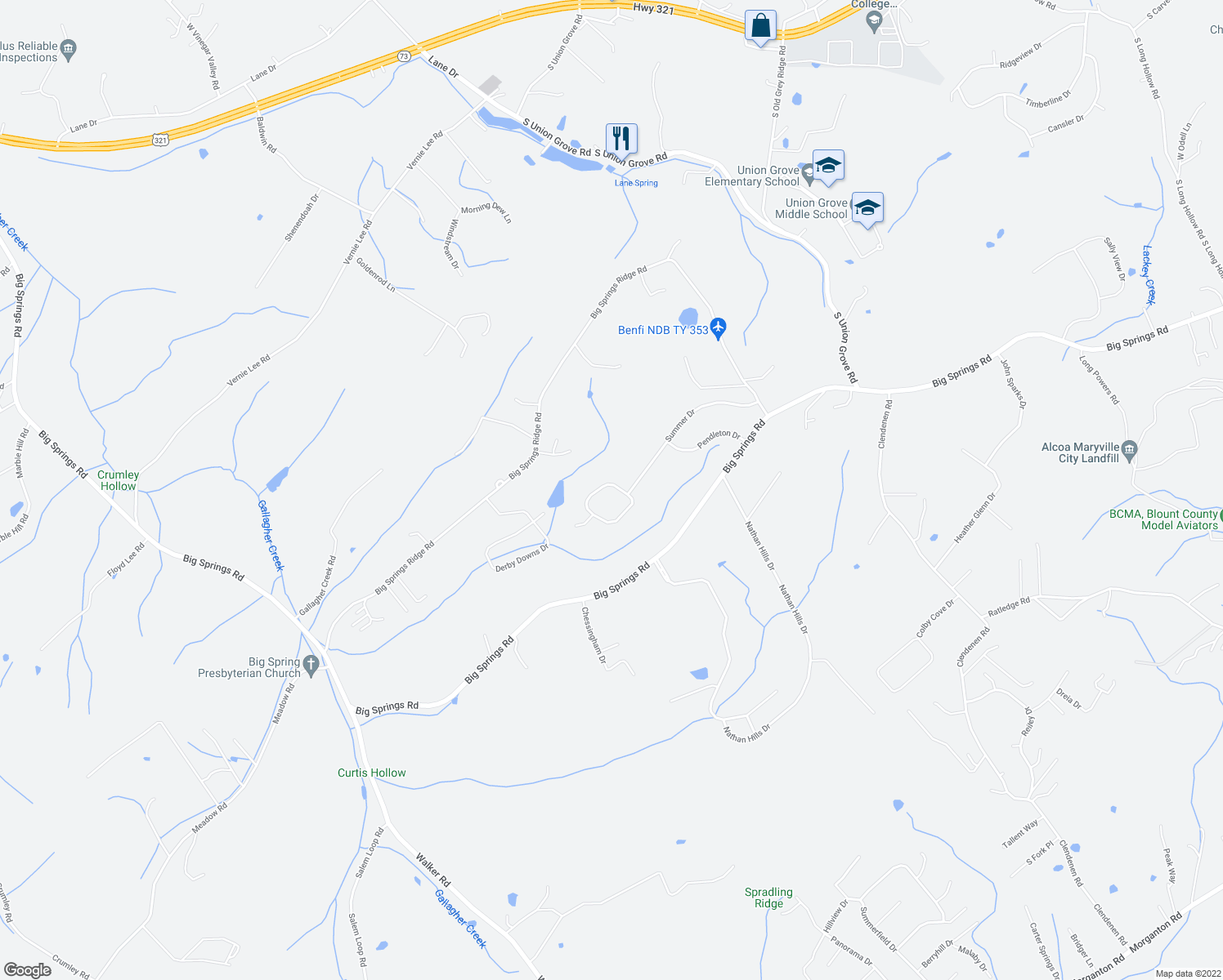 map of restaurants, bars, coffee shops, grocery stores, and more near 3613 Hurtgen Circle in Friendsville