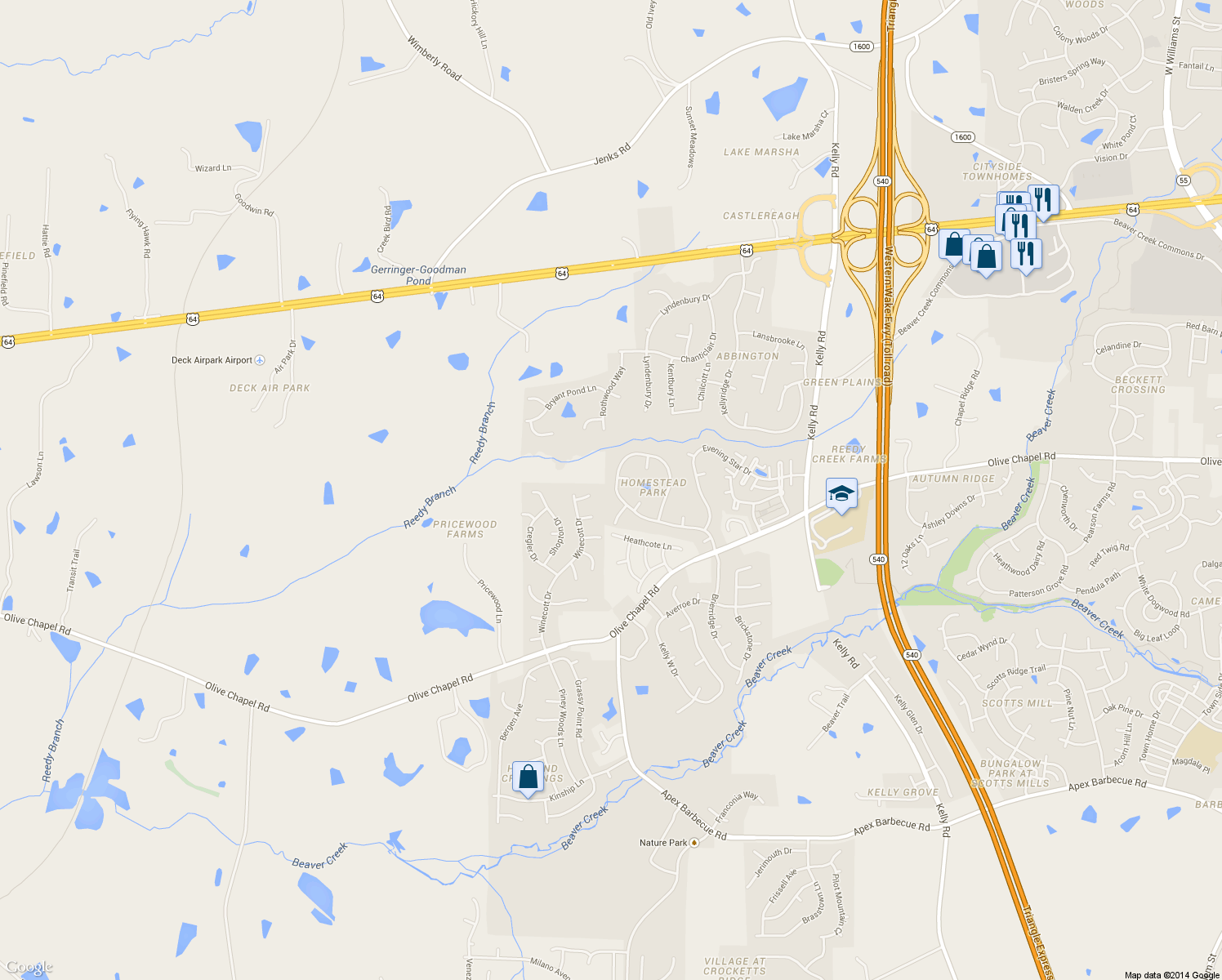 map of restaurants, bars, coffee shops, grocery stores, and more near 710 Homestead Park Drive in Apex
