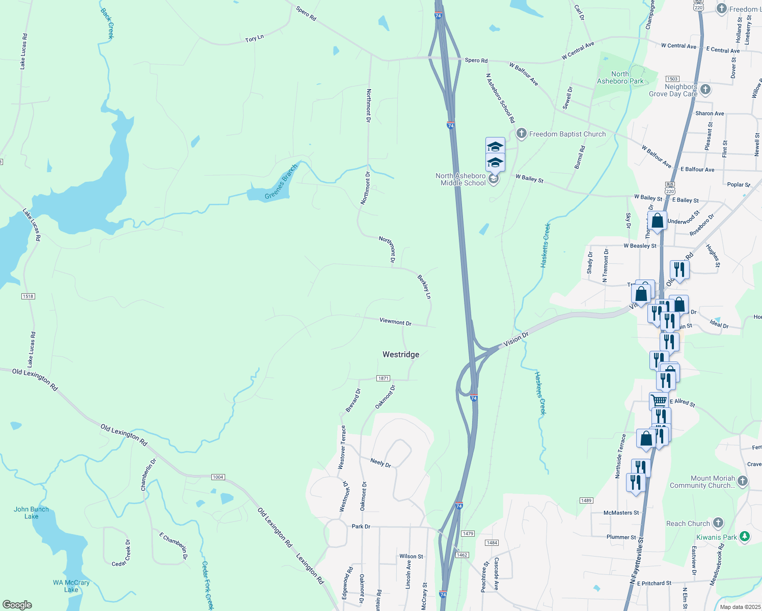 map of restaurants, bars, coffee shops, grocery stores, and more near 1848 Laura Court in Asheboro