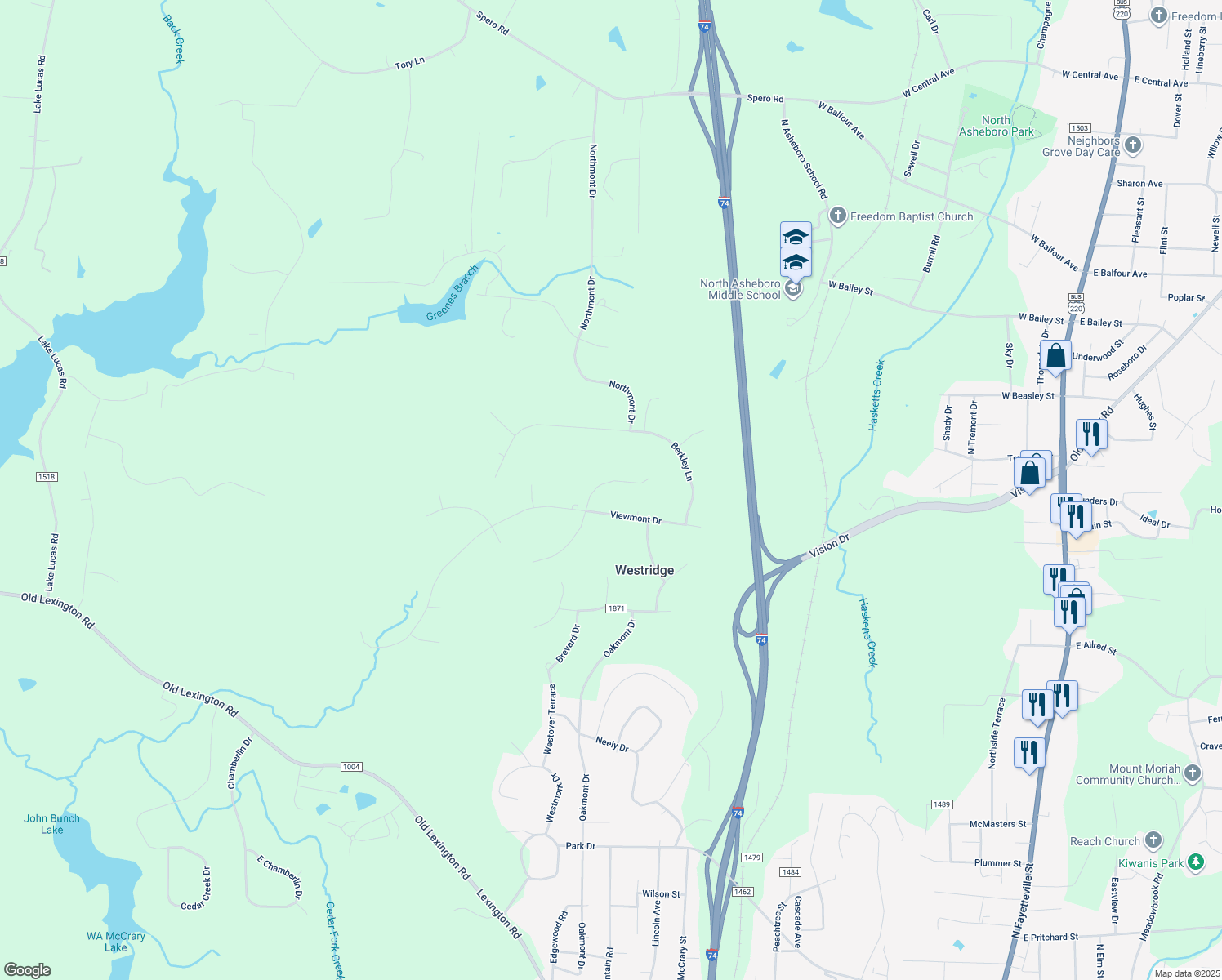 map of restaurants, bars, coffee shops, grocery stores, and more near 1848 Laura Court in Asheboro