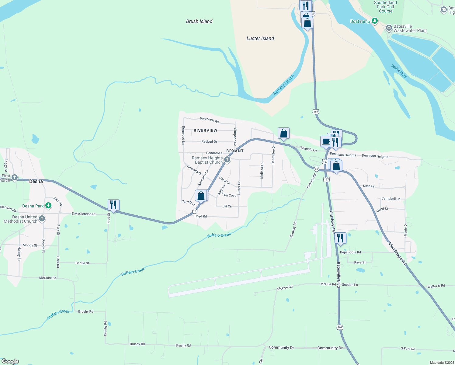 map of restaurants, bars, coffee shops, grocery stores, and more near 30 Carol Lane in Batesville